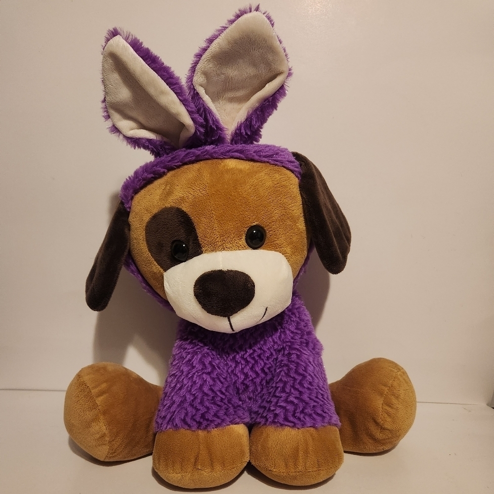 16" Brown Dog wearing Purple Bunny Costume Stuffed Animal